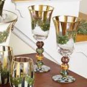 Mackenzie Childs 2 Xmas evergreen wine glasses new